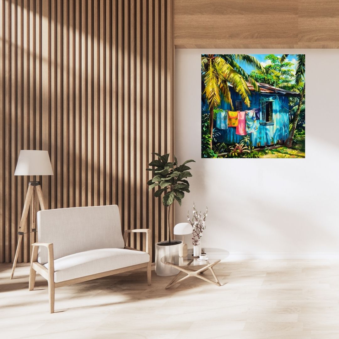 Caraïbes  : Maison Créole Bleue – Art Numérique Tropical | Cocotier et Lumière des Îles | Illustration Fine Art Antillaise | Décoration Murale Exotique  - Téléchargement