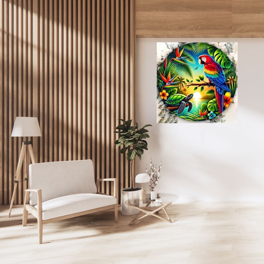 Pacifique :Perroquet dans un jardin tropical - Pacific Artwork, Printable Digital Download