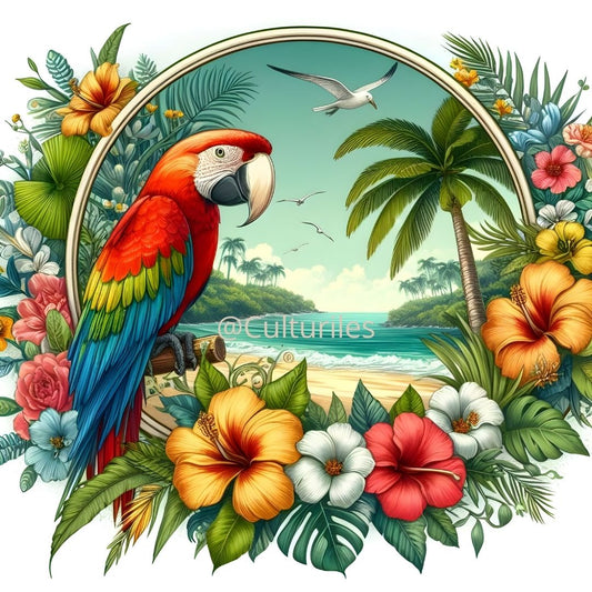 Pacifique : Pacifique – Perroquet dans un jardin tropical - Pacific Artwork, Printable Digital Download