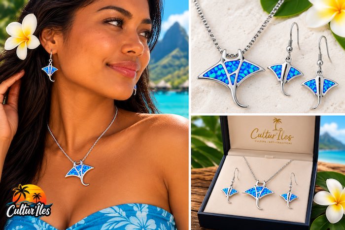 Parure Hawaïenne Raie Manta – Collier et Boucles d’Oreilles Bleu Océan