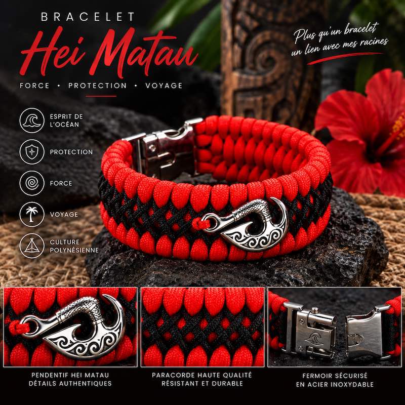 Bracelet Hei Matau Maori Rouge et noir – Bracelet Protecteur Inspiré de la Culture et de l’Artisanat Océanien