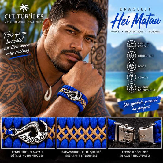 Bracelet Hei Matau Maori Bleu et Beige  – Bracelet Protecteur Inspiré de l’Artisanat Océanien