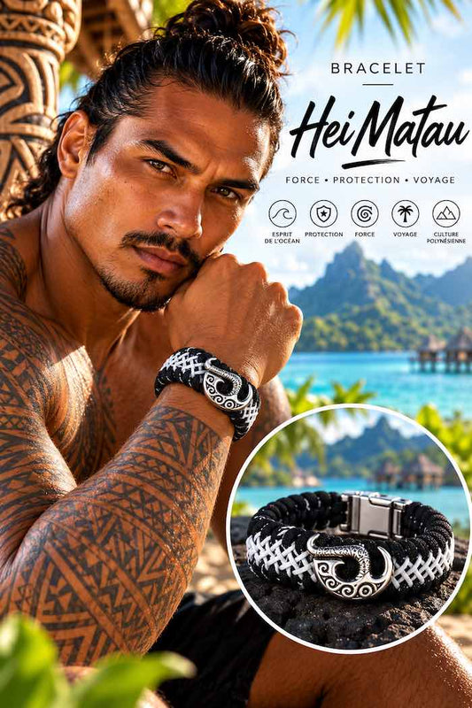 Bracelet Hei Matau Maori Noir et Blanc   - Te Ika-a-Māui - Nouvelle-Zélande - Bracelet Protecteur de l'artisanat océanien