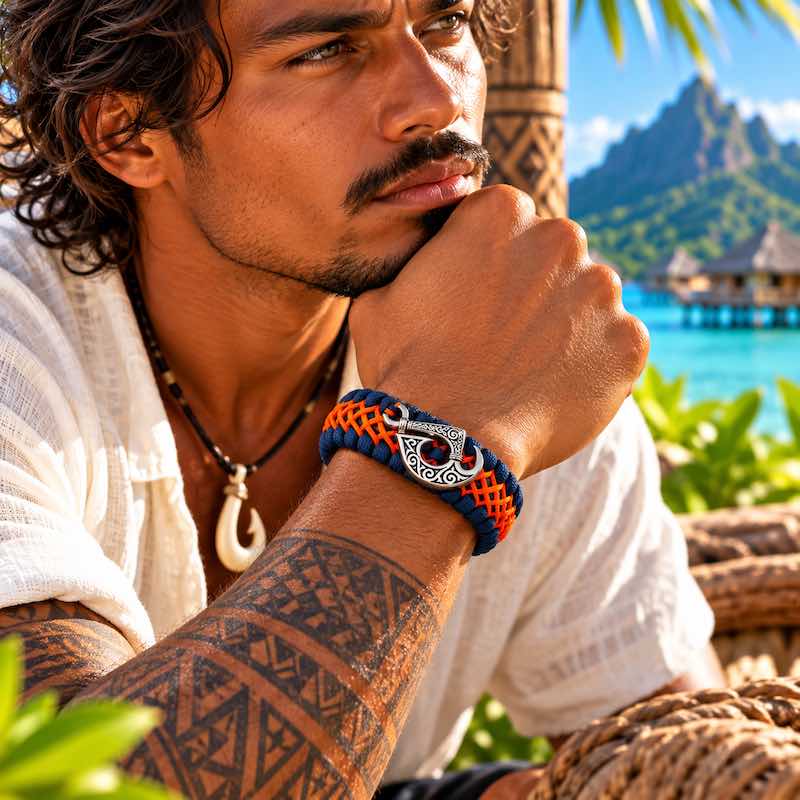 Bracelet Hei Matau Maori Bleu et Orange – Bracelet Protecteur Inspiré de la Culture et de l’Artisanat Océanien