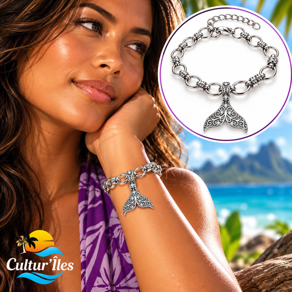 Bracelet argenté Keshavi – Queue de baleine ciselée - Ile maurice