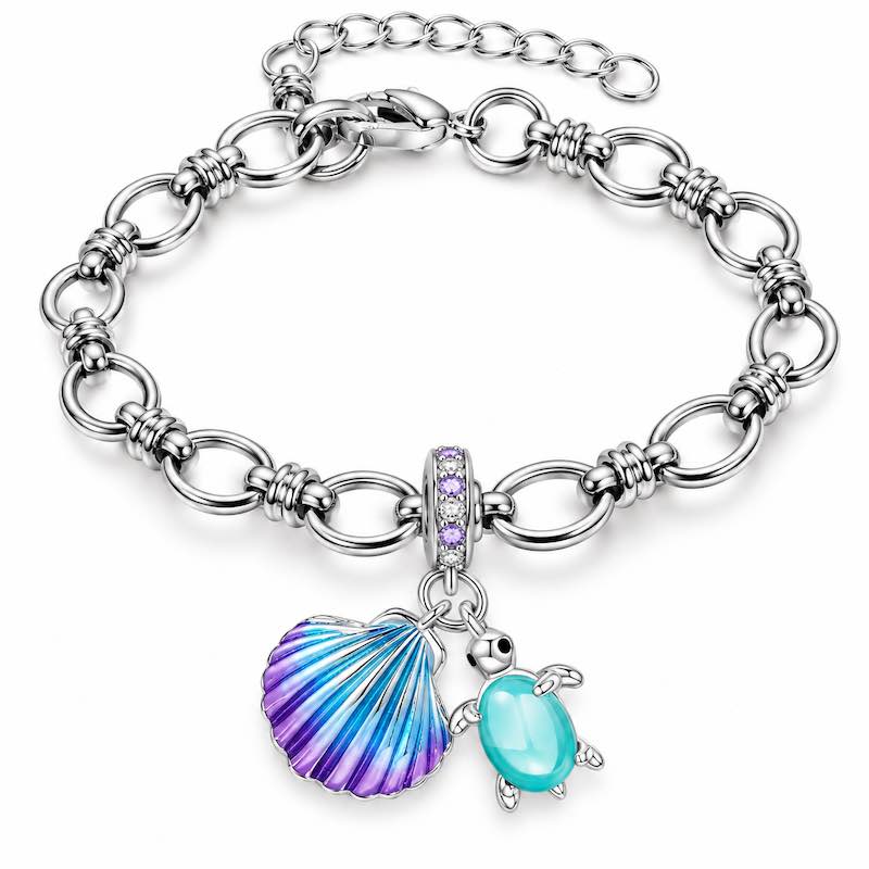 Bracelet argenté Vinessa – Coquillage irisé et tortue turquoise - Ile maurice