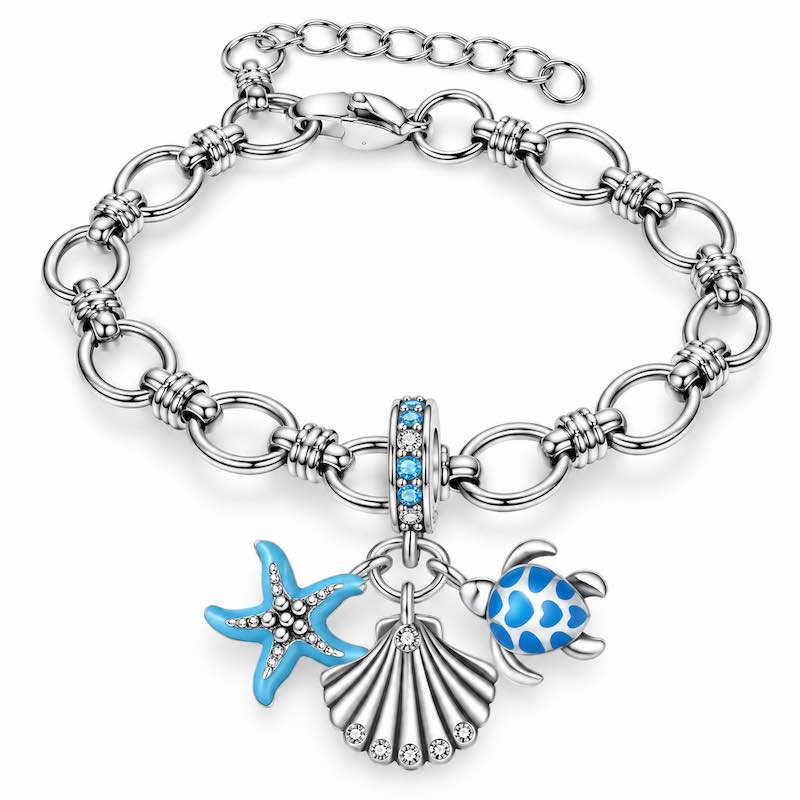 Bracelet argenté Nandini – Charms étoile de mer, coquillage et tortue - Ile maurice