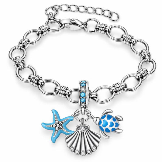 Bracelet argenté Nandini – Charms étoile de mer, coquillage et tortue - Ile maurice