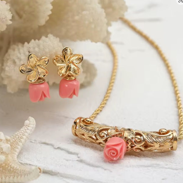 Ensemble de Bijoux Hawaïen – Collier et  Boucles d’Oreilles avec Pendentif Fleur de Jasmin
