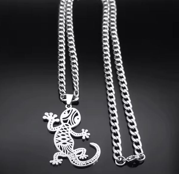 Collier Pendentif Gecko en Acier Inoxydable – Symbole Culturel de l’Île de La Réunion