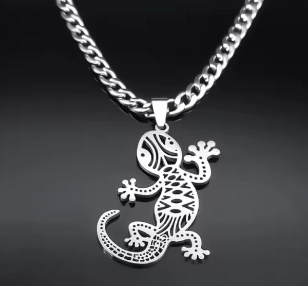 Collier Pendentif Gecko en Acier Inoxydable – Symbole Culturel de l’Île de La Réunion