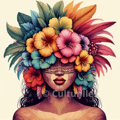 Pacifique : Femme Polynésienne aux Cheveux Fleuri, Vibrant Pacific Artwork, Printable Digital Download, Traditional Polynesian Design