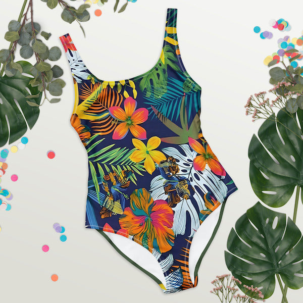 Maillot de Bain Une Pièce Femme – Fleurs Tropicales – Dos Nu et Coupe Brésilienne – Inspiré des Îles Polynésiennes