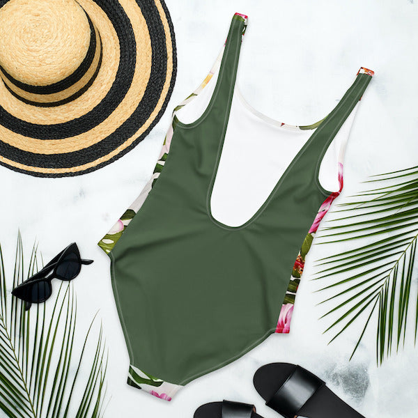 Maillot de Bain Une Pièce Femme – Fleur d’Hibiscus – Dos Nu et Coupe Brésilienne – Inspiré des Îles Polynésiennes