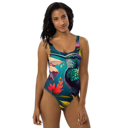 Maillot de bain une pièce femme – colibri dans un jardin tropical – dos nu et coupe brésilienne – inspiré des îles polynésiennes