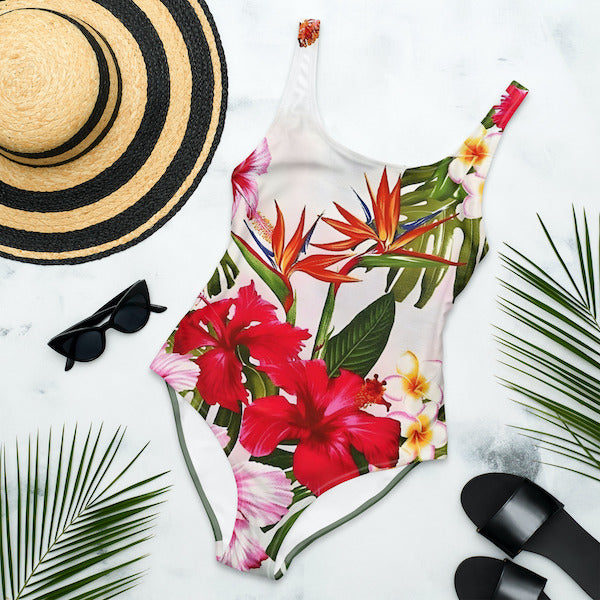 Maillot de Bain Une Pièce Femme – Fleur d’Hibiscus – Dos Nu et Coupe Brésilienne – Inspiré des Îles Polynésiennes