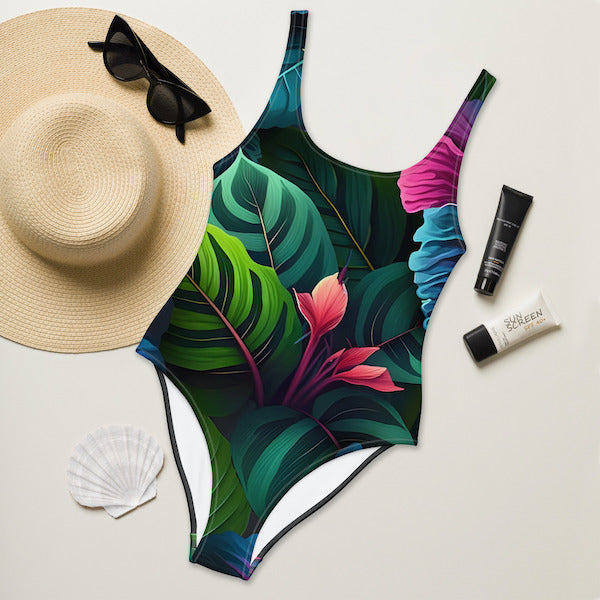 Maillot de Bain Une Pièce Femme – Décor d’un Jardin Tropical – Dos Nu et Coupe Brésilienne – Inspiré des Îles Polynésiennes