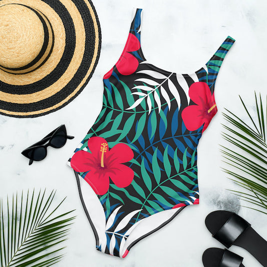 Maillot de Bain Une Pièce Femme – Fleur d’Hibiscus – Dos Nu et Coupe Brésilienne – Inspiré des Îles Polynésiennes