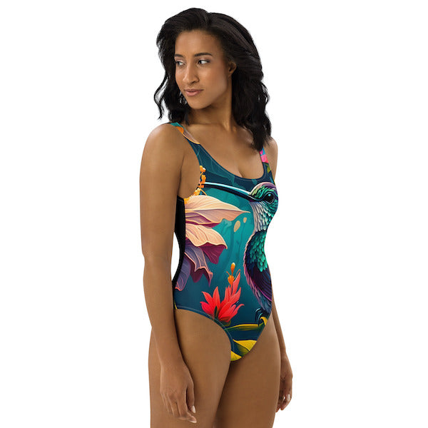 Maillot de bain une pièce femme – colibri dans un jardin tropical – dos nu et coupe brésilienne – inspiré des îles polynésiennes
