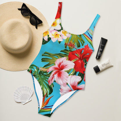 Maillot de Bain 1 Pièce Femme – Motif Fleurs Polynésiennes – Coupe Brésilienne, Dos Nu