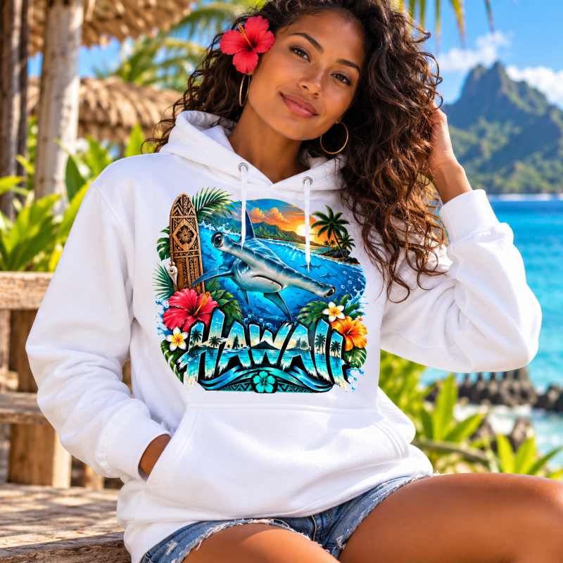 Sweat Shirt à capuche Unisexe - Homme ou Femme - Requin Marteau Hawaii