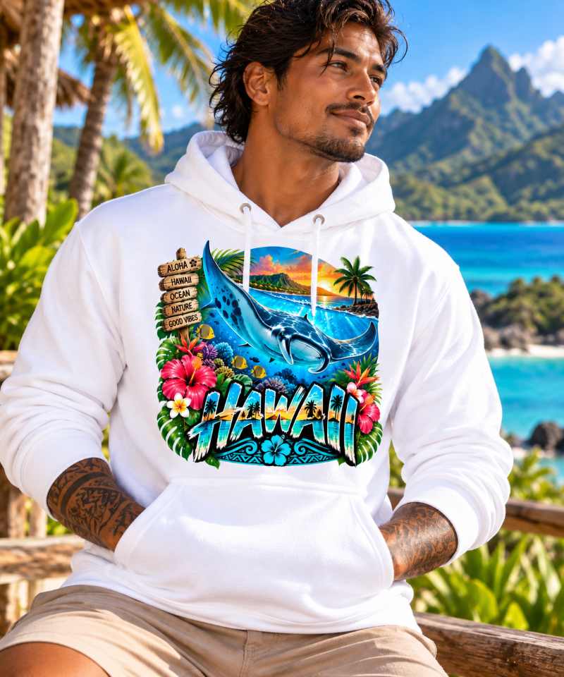 Sweat Shirt à capuche Unisexe - Homme ou Femme - Raie Manta Hawaii