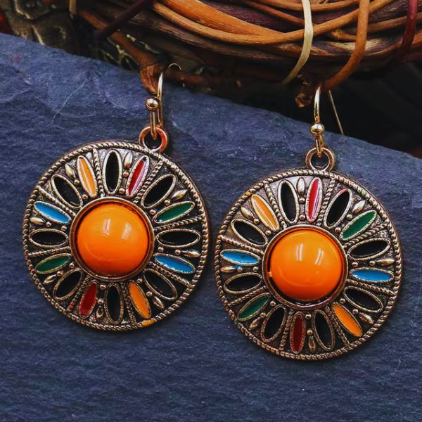Boucles d'Oreilles en Spirale en Bronze avec Dôme Orange - Martinique