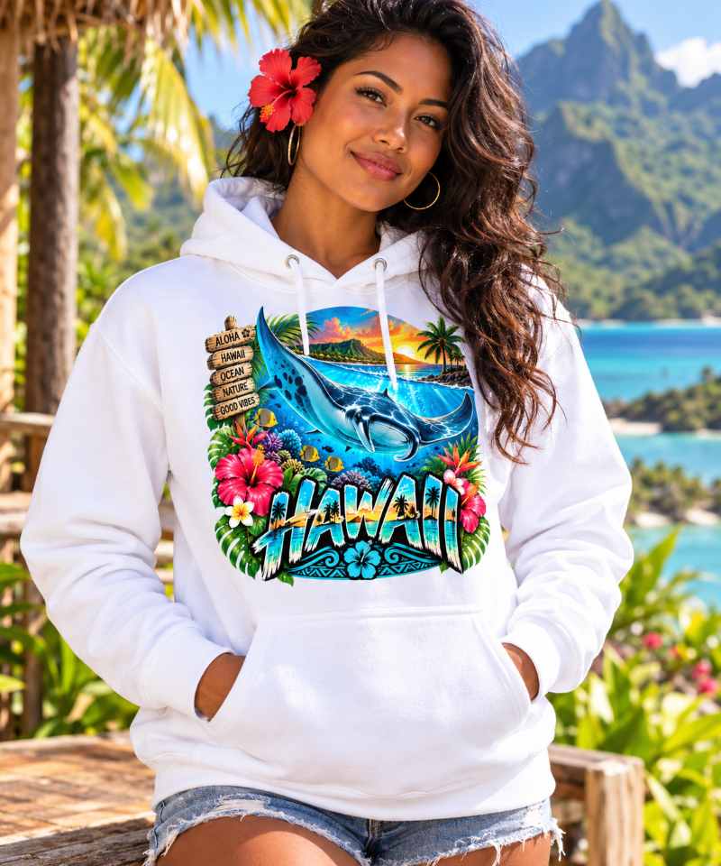 Sweat Shirt à capuche Unisexe - Homme ou Femme - Raie Manta Hawaii