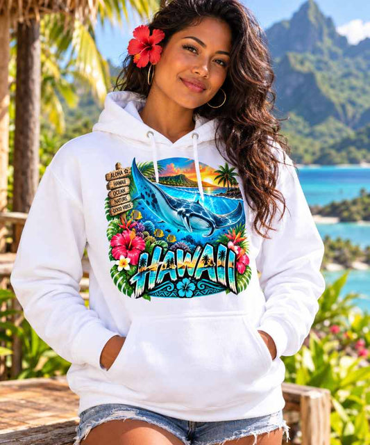 Sweat Shirt à capuche Unisexe - Homme ou Femme - Raie Manta Hawaii