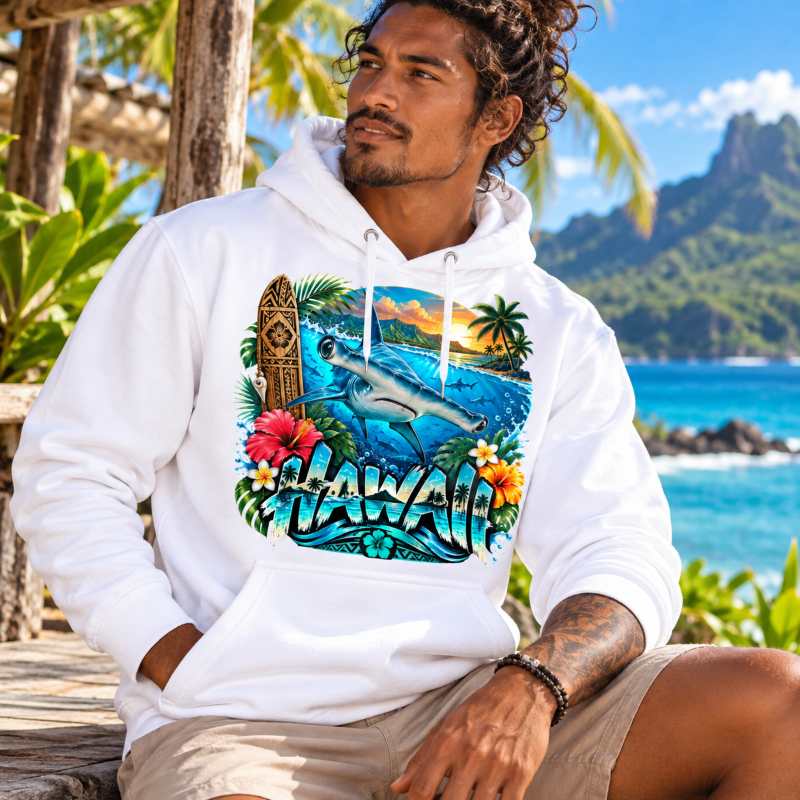 Sweat Shirt à capuche Unisexe - Homme ou Femme - Requin Marteau Hawaii