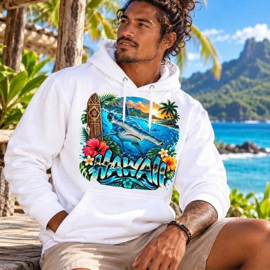 Sweat Shirt à capuche Unisexe - Homme ou Femme - Requin Marteau Hawaii